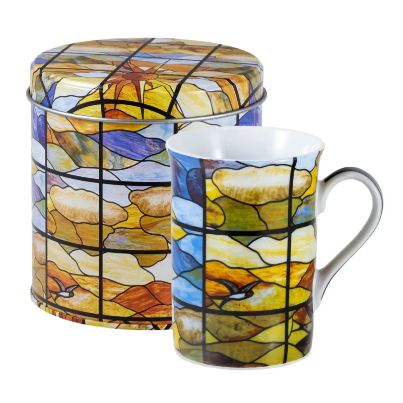 Taza de café con lata con el motivo de la vidriera "Amanecer".