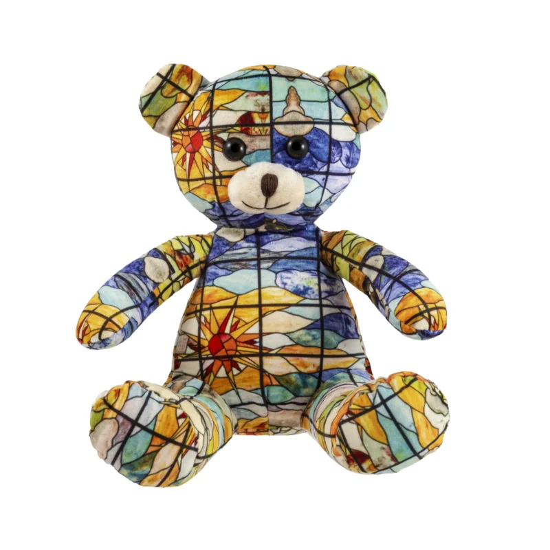 Osito peluche pequeño con el motivo de la vidriera "Amanecer", Funda de gafas de la colección exclusiva de la vidriera "Amanecer", Casa Lis (Museo de Art Déco y Art Nouveau).